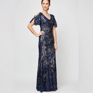 Alex Evenings V-Neck Sequin Cold Shoulder Sleeve Mother of the Bride Dress